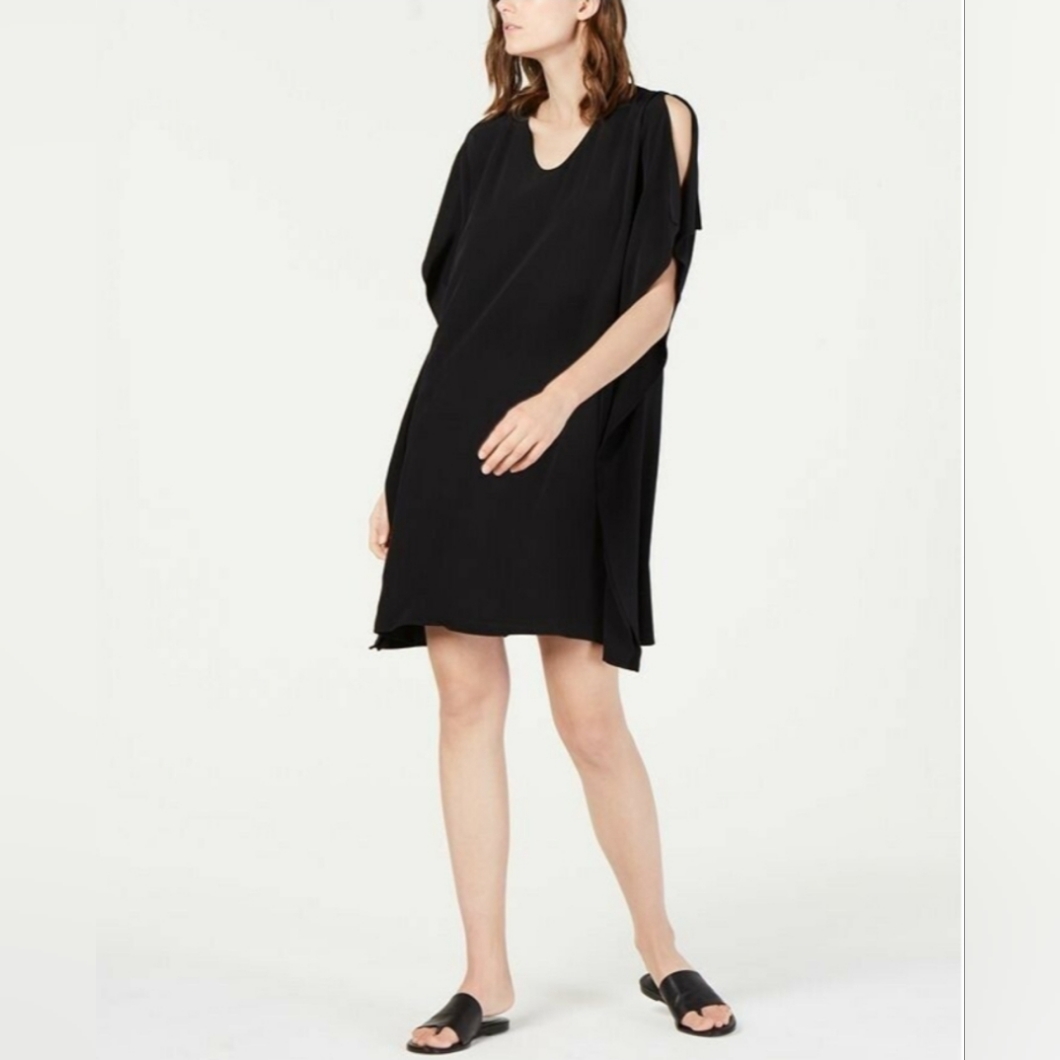 Eileen Fisher Cold Shoulder Shift Dress Size L Black Tencel Lyocell Jersey